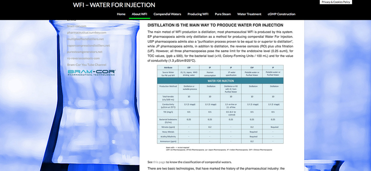 BRAM-COR SPECIALIZED WEB SITE FOR WFI - WATER FOR INJECTION